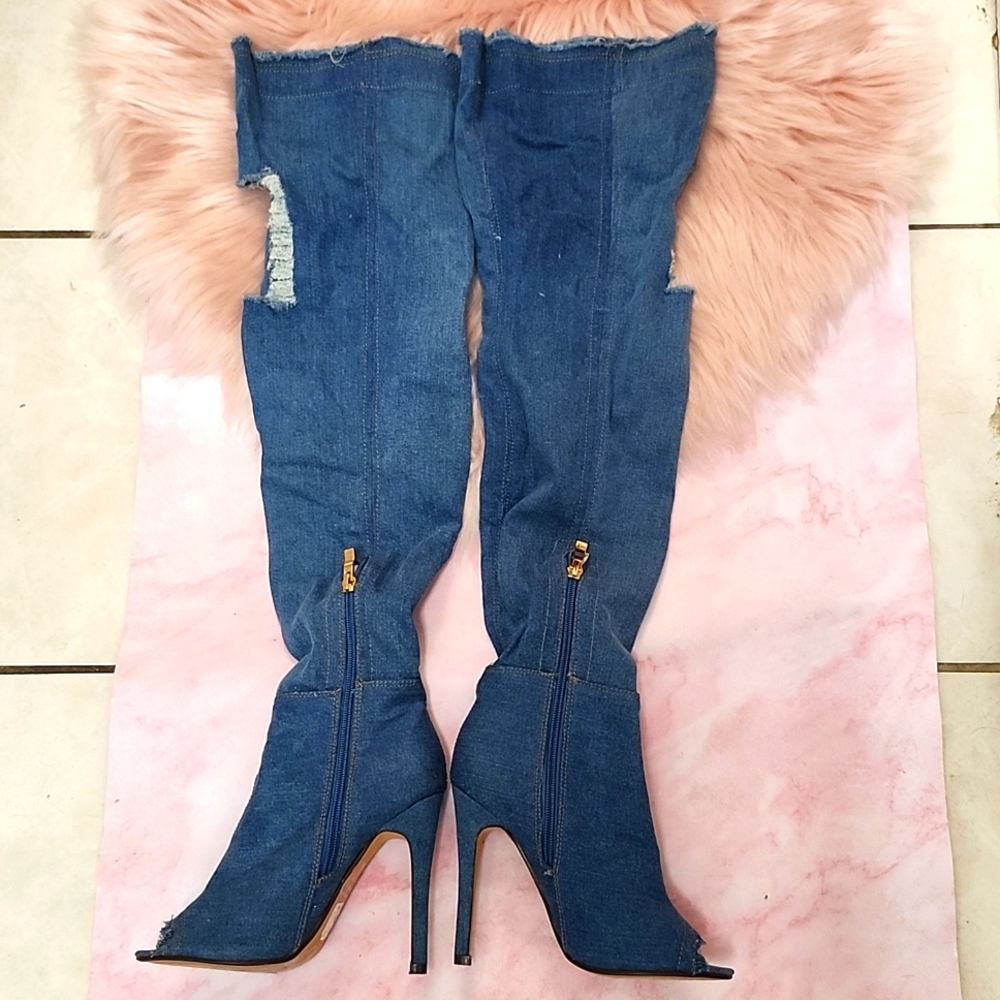 Brand New OPEN TOE DISTRESSED DENIM STILETTO FASHION THIGH-HI BOOTS-7
